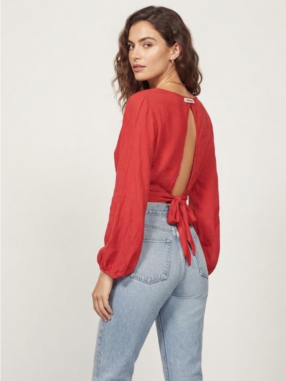 Patrons of Peace Pink Crinkled Tie-Back V-Neck Crop Top Size Medium Bell Sleeve